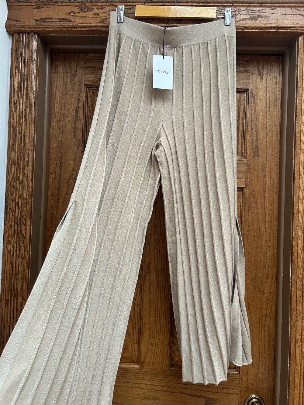 Theory Beige Ribbed Wide-Leg Knit Pants